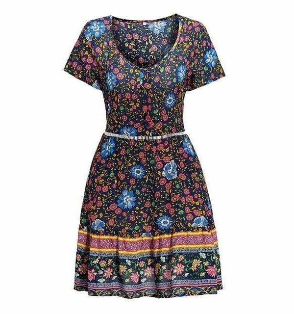 The Best A-Line Bohemian Floral Dress Sexy V-neck Short Sleeve Mini Dress Online - Source Silk