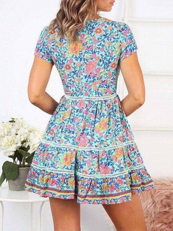 The Best A-Line Bohemian Floral Dress Sexy V-neck Short Sleeve Mini Dress Online - Source Silk