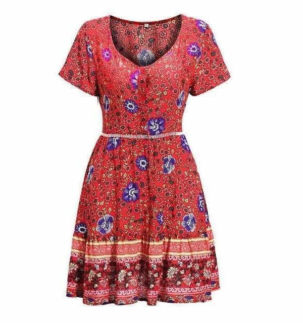 The Best A-Line Bohemian Floral Dress Sexy V-neck Short Sleeve Mini Dress Online - Source Silk