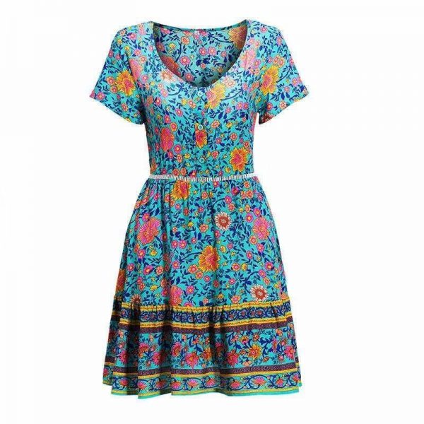 The Best A-Line Bohemian Floral Dress Sexy V-neck Short Sleeve Mini Dress Online - Source Silk