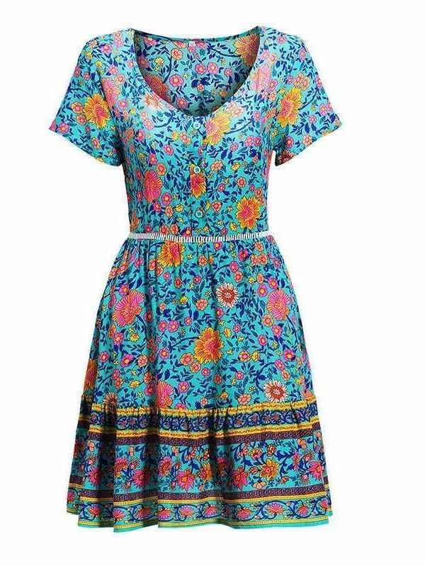 The Best A-Line Bohemian Floral Dress Sexy V-neck Short Sleeve Mini Dress Online - Source Silk