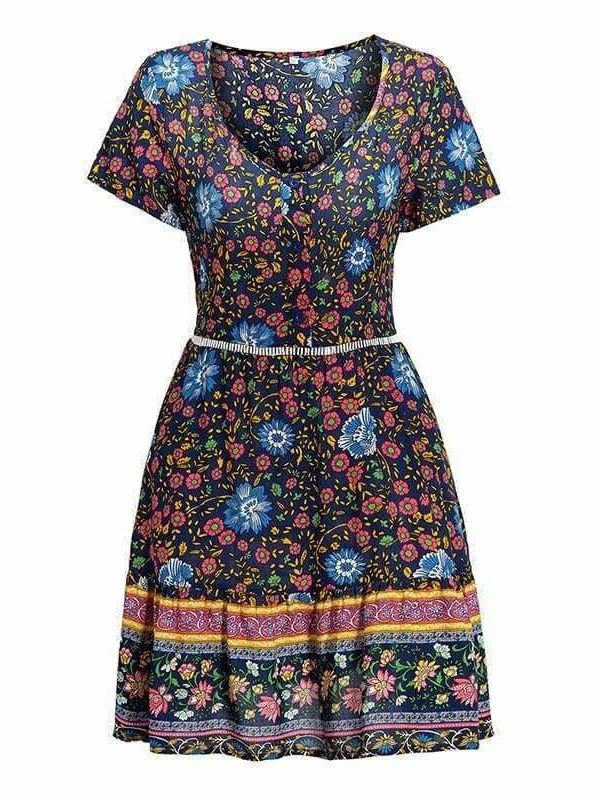 The Best A-Line Bohemian Floral Dress Sexy V-neck Short Sleeve Mini Dress Online - Source Silk