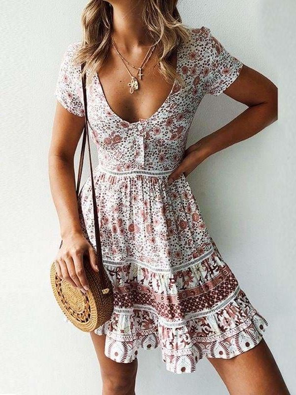 The Best A-Line Bohemian Floral Dress Sexy V-neck Short Sleeve Mini Dress Online - Source Silk