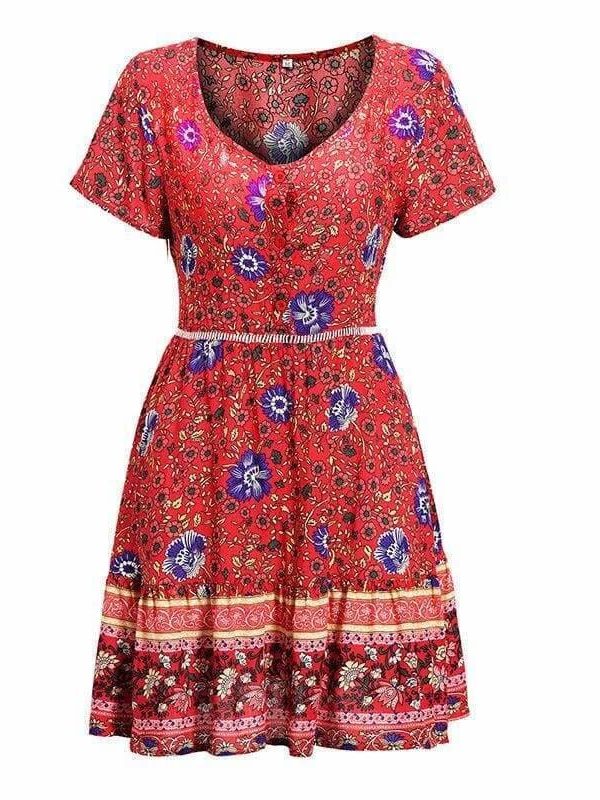 The Best A-Line Bohemian Floral Dress Sexy V-neck Short Sleeve Mini Dress Online - Source Silk