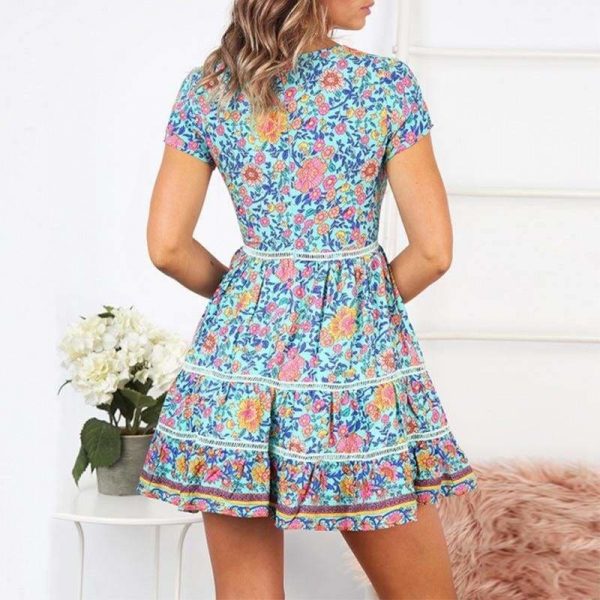 The Best A-Line Bohemian Floral Dress Sexy V-neck Short Sleeve Mini Dress Online - Source Silk