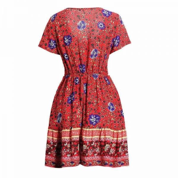 The Best A-Line Bohemian Floral Dress Sexy V-neck Short Sleeve Mini Dress Online - Source Silk