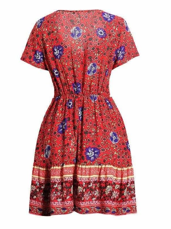 The Best A-Line Bohemian Floral Dress Sexy V-neck Short Sleeve Mini Dress Online - Source Silk