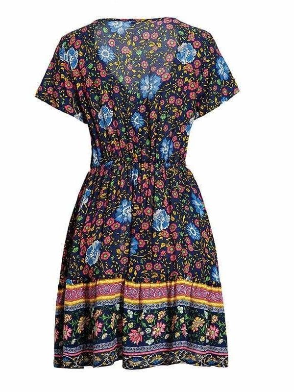 The Best A-Line Bohemian Floral Dress Sexy V-neck Short Sleeve Mini Dress Online - Source Silk