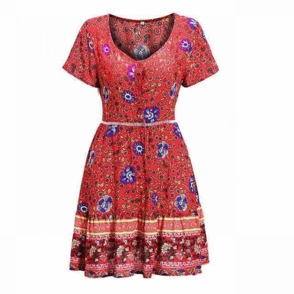 The Best A-Line Bohemian Floral Dress Sexy V-neck Short Sleeve Mini Dress Online - Source Silk