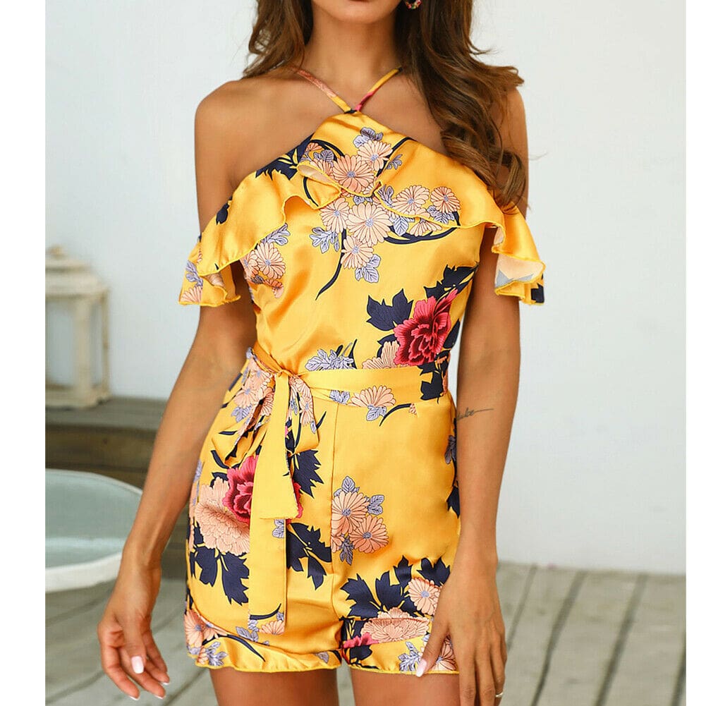 New Women Boho Floral Off Shoulder Jumpsuit Ladies Summer Beach Bodycon Playsuit Short Pants Trousers Romper