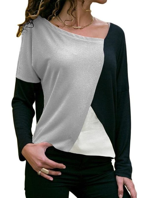 The Best Autumn Long Sleeve Blouse Women Skew Collar Patchwork Slim Blouses Online - Takalr