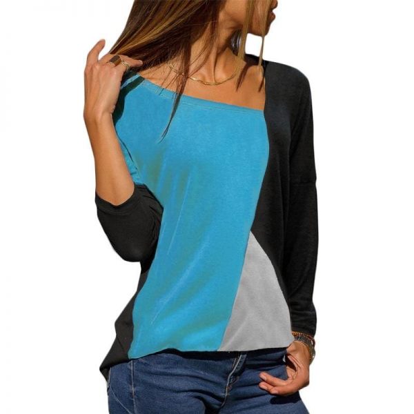 The Best Autumn Long Sleeve Blouse Women Skew Collar Patchwork Slim Blouses Online - Takalr