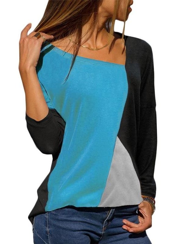 The Best Autumn Long Sleeve Blouse Women Skew Collar Patchwork Slim Blouses Online - Takalr