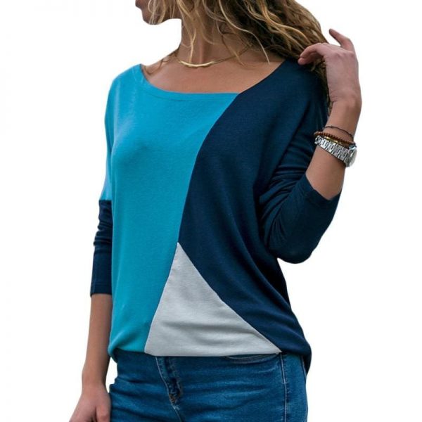 The Best Autumn Long Sleeve Blouse Women Skew Collar Patchwork Slim Blouses Online - Takalr