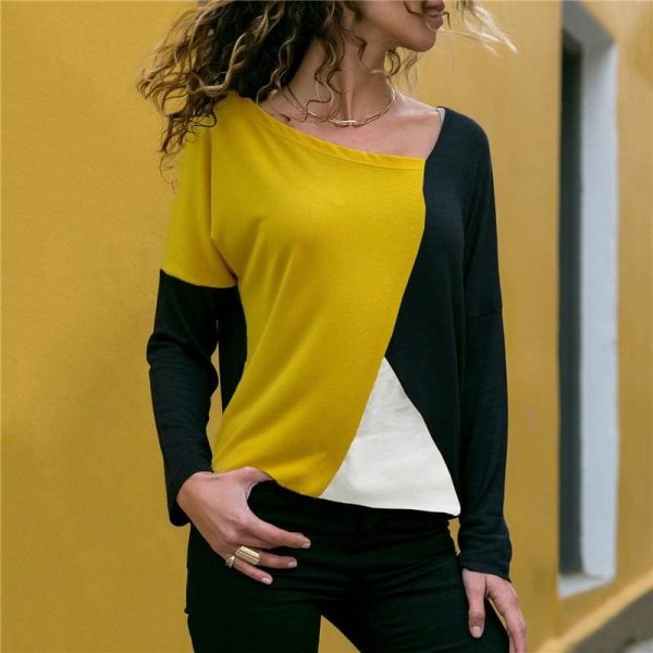 The Best Autumn Long Sleeve Blouse Women Skew Collar Patchwork Slim Blouses Online - Takalr