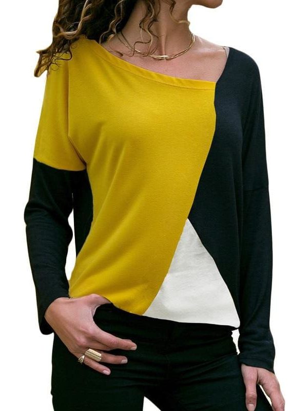 The Best Autumn Long Sleeve Blouse Women Skew Collar Patchwork Slim Blouses Online - Takalr