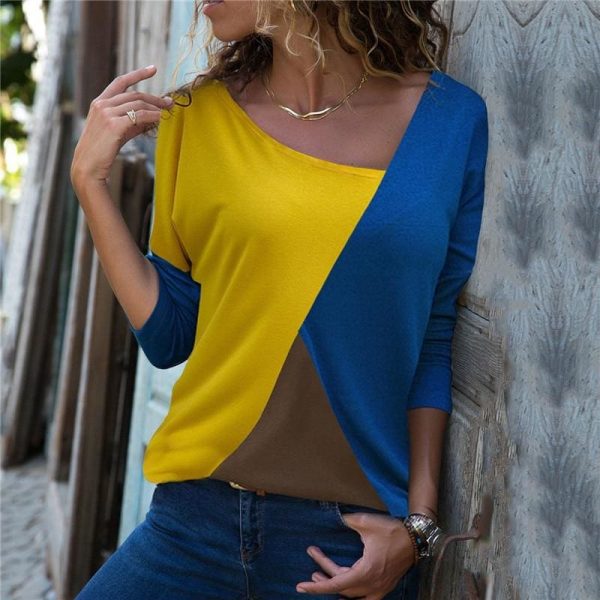 The Best Autumn Long Sleeve Blouse Women Skew Collar Patchwork Slim Blouses Online - Takalr