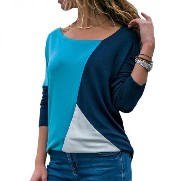 The Best Autumn Long Sleeve Blouse Women Skew Collar Patchwork Slim Blouses Online - Takalr