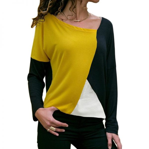 The Best Autumn Long Sleeve Blouse Women Skew Collar Patchwork Slim Blouses Online - Takalr