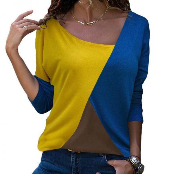 The Best Autumn Long Sleeve Blouse Women Skew Collar Patchwork Slim Blouses Online - Takalr