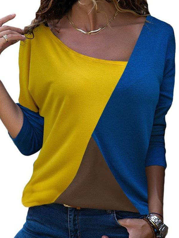 The Best Autumn Long Sleeve Blouse Women Skew Collar Patchwork Slim Blouses Online - Takalr