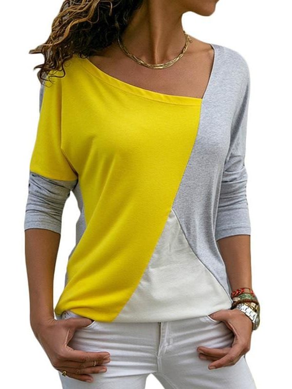 The Best Autumn Long Sleeve Blouse Women Skew Collar Patchwork Slim Blouses Online - Takalr