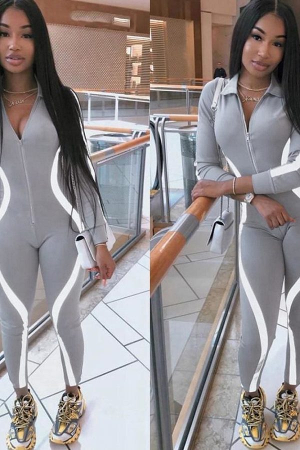 The Best Autumn Sports Tracksuits Women Striped Reflective Jumpsuits Girl Long Sleeve Zip Jumpsuit Casual Skinny Playsuit Plus Size Online - Takalr