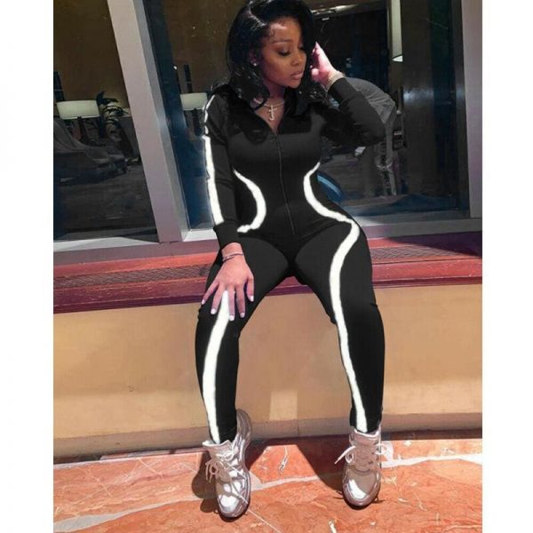 The Best Autumn Sports Tracksuits Women Striped Reflective Jumpsuits Girl Long Sleeve Zip Jumpsuit Casual Skinny Playsuit Plus Size Online - Takalr