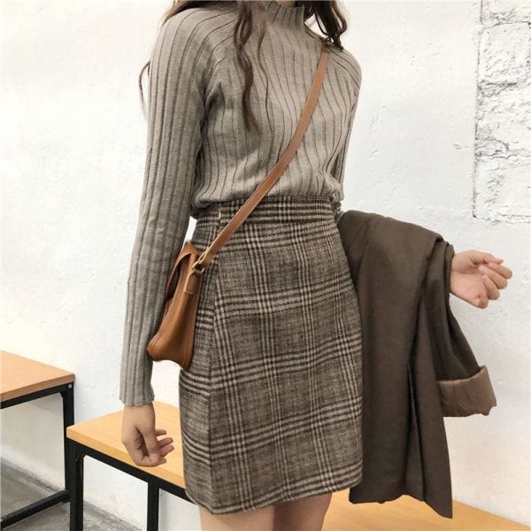 The Best Autumn tartan waist slim skirt female England Style Knee-Length skirt Online - Takalr