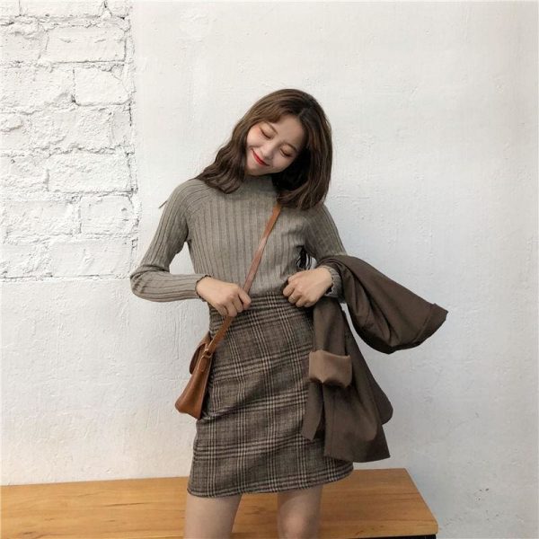 The Best Autumn tartan waist slim skirt female England Style Knee-Length skirt Online - Takalr