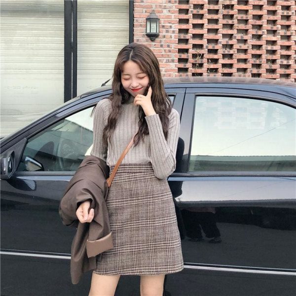 The Best Autumn tartan waist slim skirt female England Style Knee-Length skirt Online - Takalr