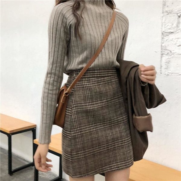 The Best Autumn tartan waist slim skirt female England Style Knee-Length skirt Online - Takalr