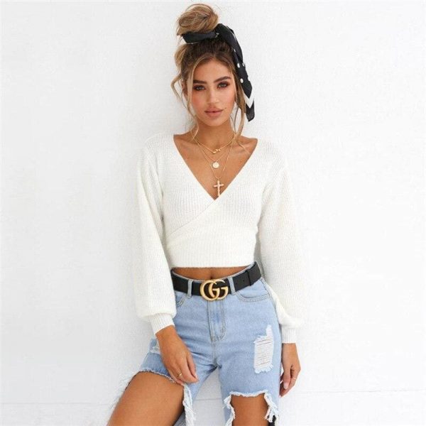 The Best Autumn V-Neck Knitted Sweater Pullovers Female Long Sleeve Sweater Online - Takalr