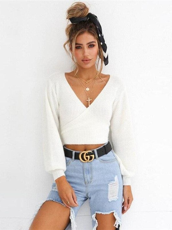 The Best Autumn V-Neck Knitted Sweater Pullovers Female Long Sleeve Sweater Online - Takalr