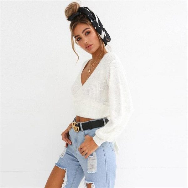 The Best Autumn V-Neck Knitted Sweater Pullovers Female Long Sleeve Sweater Online - Takalr