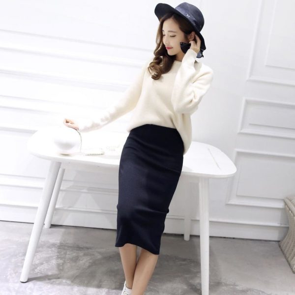 The Best Autumn Winter Slit Pencil Skirts High Waist Thick Warm Knitted Skirts Online - Takalr