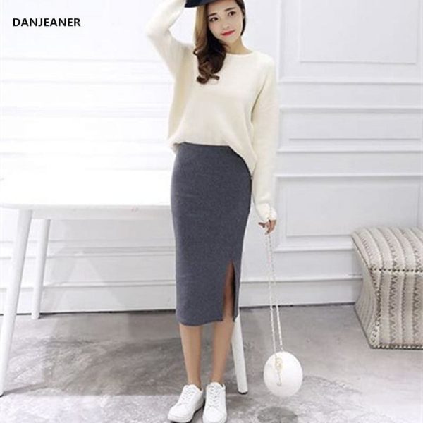 The Best Autumn Winter Slit Pencil Skirts High Waist Thick Warm Knitted Skirts Online - Takalr