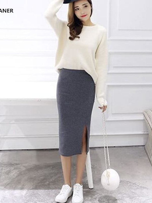 The Best Autumn Winter Slit Pencil Skirts High Waist Thick Warm Knitted Skirts Online - Takalr