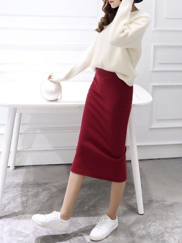 The Best Autumn Winter Slit Pencil Skirts High Waist Thick Warm Knitted Skirts Online - Takalr