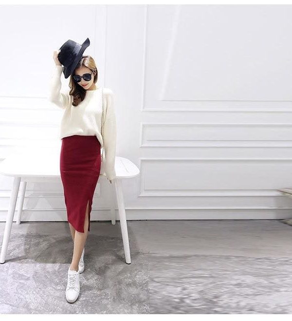 The Best Autumn Winter Slit Pencil Skirts High Waist Thick Warm Knitted Skirts Online - Takalr