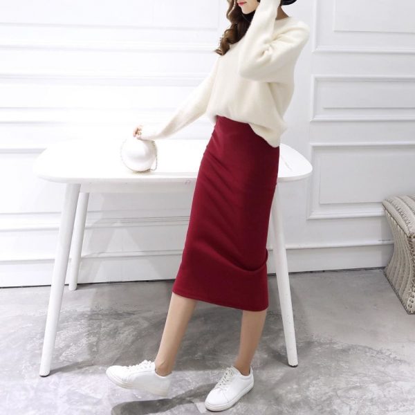 The Best Autumn Winter Slit Pencil Skirts High Waist Thick Warm Knitted Skirts Online - Takalr