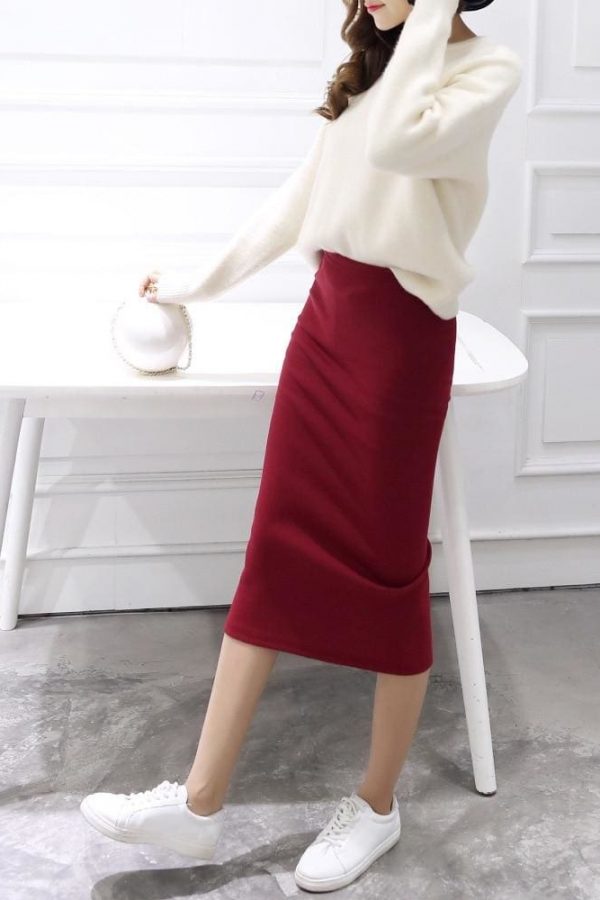 The Best Autumn Winter Slit Pencil Skirts High Waist Thick Warm Knitted Skirts Online - Takalr