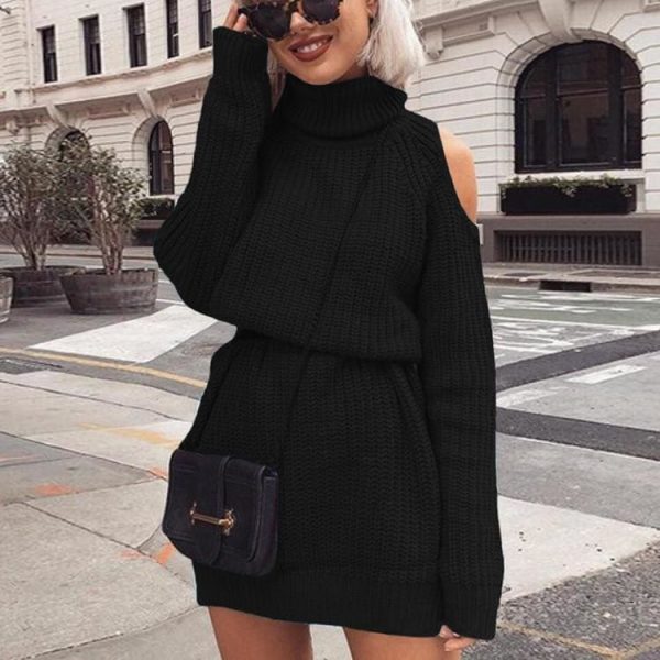 The Best Autumn Winter Turtleneck Off Shoulder Knitted Sweater Dress Women Online - Takalr