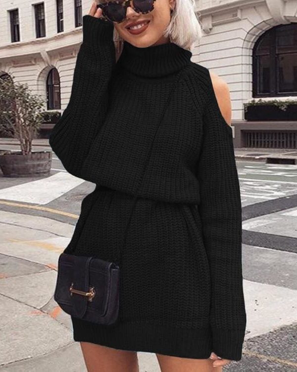 The Best Autumn Winter Turtleneck Off Shoulder Knitted Sweater Dress Women Online - Takalr