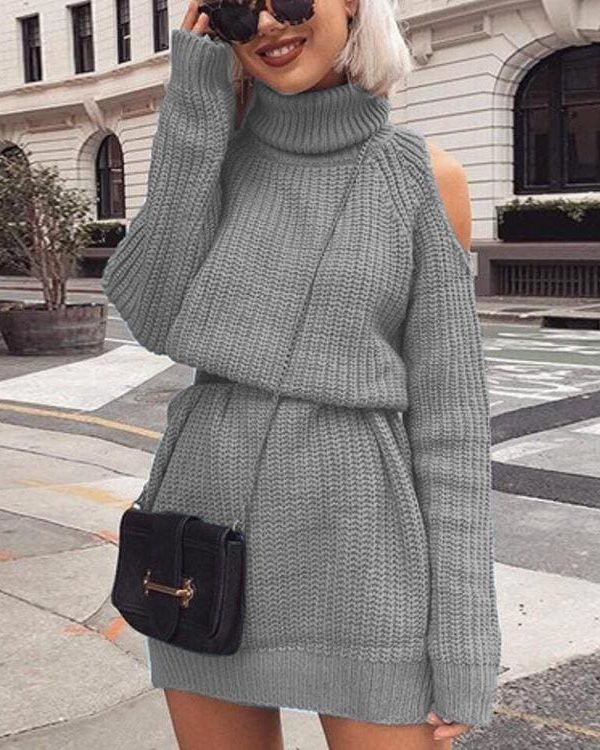 The Best Autumn Winter Turtleneck Off Shoulder Knitted Sweater Dress Women Online - Takalr