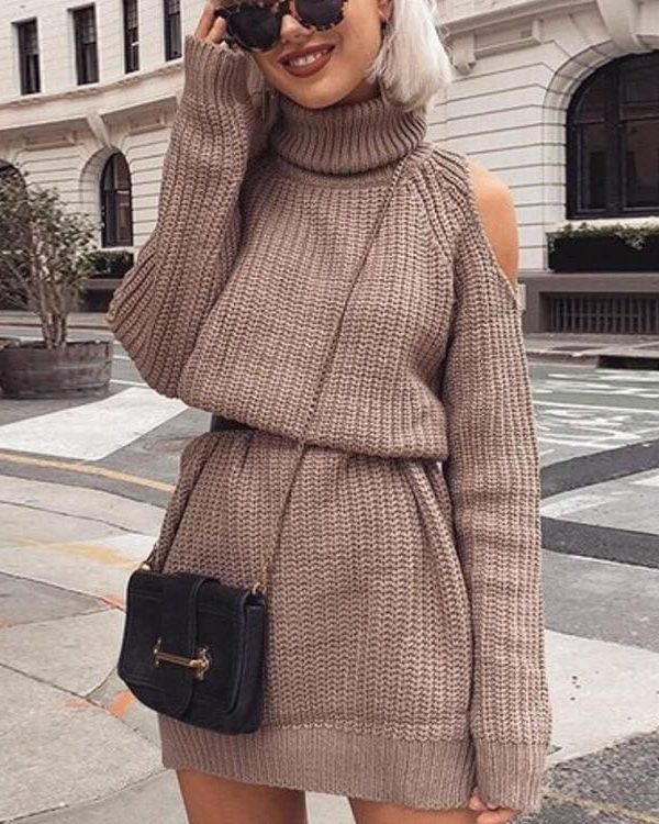 The Best Autumn Winter Turtleneck Off Shoulder Knitted Sweater Dress Women Online - Takalr