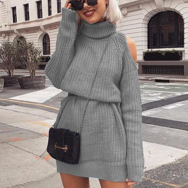 The Best Autumn Winter Turtleneck Off Shoulder Knitted Sweater Dress Women Online - Takalr