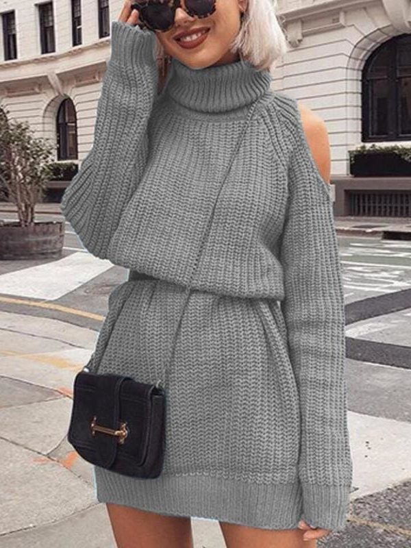 The Best Autumn Winter Turtleneck Off Shoulder Knitted Sweater Dress Women Online - Takalr