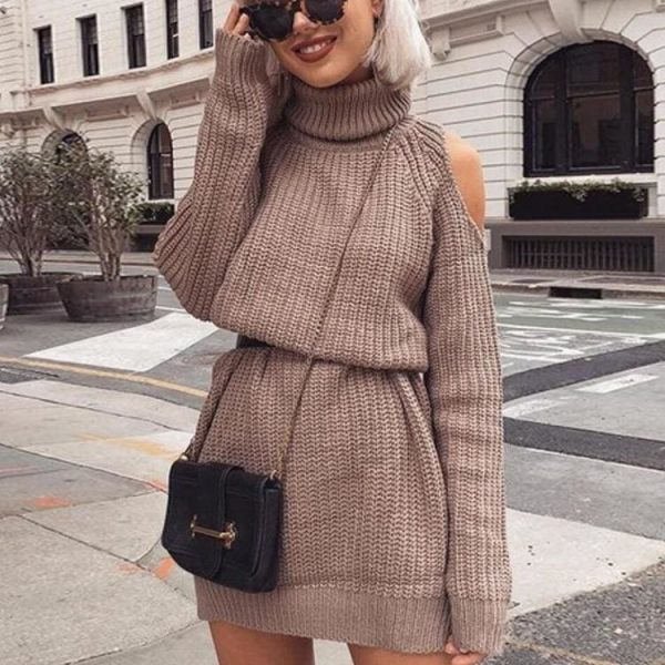 The Best Autumn Winter Turtleneck Off Shoulder Knitted Sweater Dress Women Online - Takalr