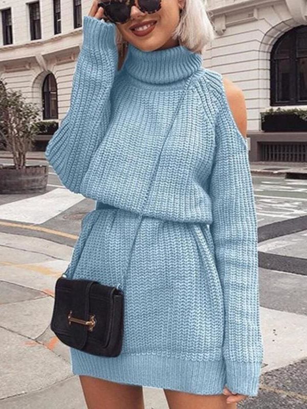 The Best Autumn Winter Turtleneck Off Shoulder Knitted Sweater Dress Women Online - Takalr